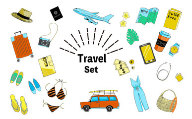 かわいい旅行セットのイラスト 影付き