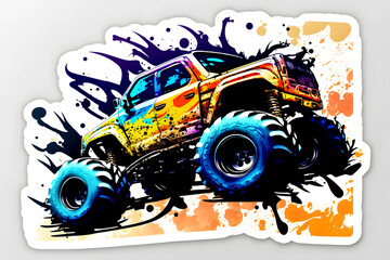 Fototapeta na wymiar Monster truck sticker with multicolored paint splash. Neural network AI generated art