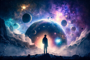 Man contemplating the universe at night, spiritual journey illustration created with AI tools. 