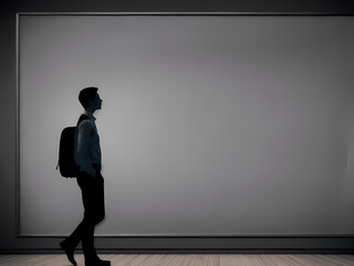 Silhouette of a Student with a backpack walking past a grey wall, generative ai