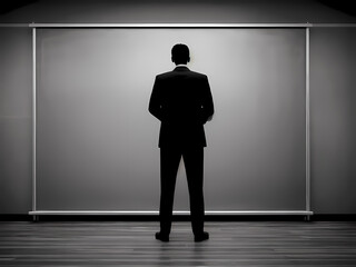 A man in a suit standing in front of a large blackboard or whiteboard, generative ai
