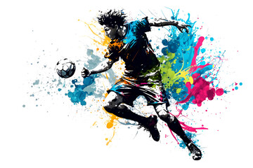 Naklejka na ściany i meble football soccer player in action with rrainbow watercolor splash. isolated white background. Neural network AI generated art