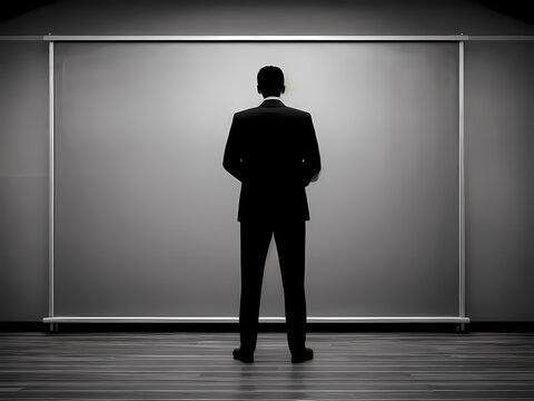 A man in a suit standing in front of a large blackboard or whiteboard, generative ai