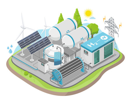 hydrogen fuel cell ecology concept h2 energy power plant green power ecology system illustration isometric isolated isometric