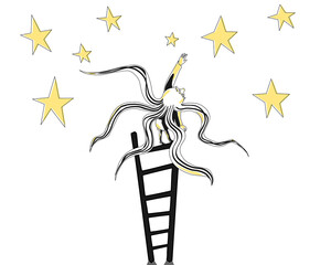 Ni√±a en escalera intentando legar a estrellas. Ni√±a subiendo escalera para agarrar estrellas. Chica cogiendo estrella sin fondo © Estefania_RP