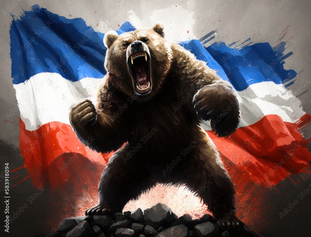 Wall mural angry bear with russian flag attack the world. AI generative