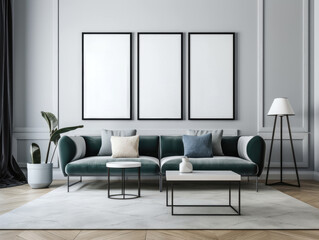 Naklejka na ściany i meble Grey modern living room with mock up frame and modern furniture. Generative AI