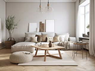 Beautiful cozy beige scandinavian living room with wooden furniture. Generative AI - obrazy, fototapety, plakaty