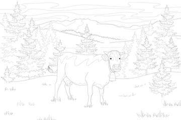 Coloring page with an illustration of a cow on the background of mountains and nature