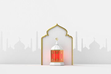 Obraz premium 3d islamic greetings ramadan kareem card design template background with beautiful lanterns and crescent