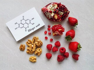 Food rich in ellagic acid. Food sources of ellagic acid with chemical structural formula of ellagic...