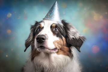 Cute dog with celebration hat, created with generative AI