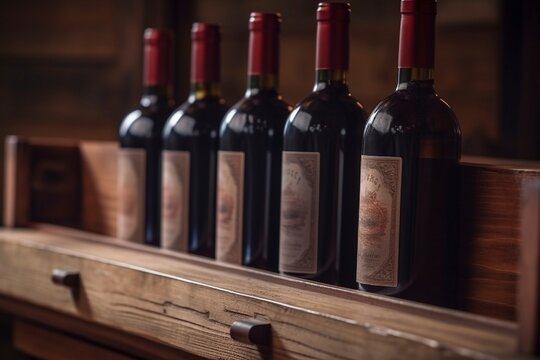 Row of red wine bottles on a wooden shelf, created with generative AI
