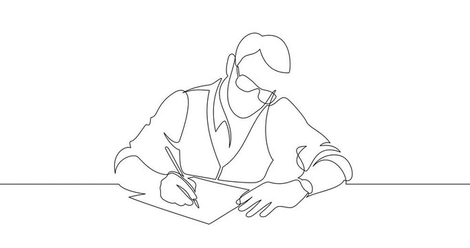 Animation of an image drawn with a continuous line. A man with glasses is sitting at a table and writing on a piece of paper.