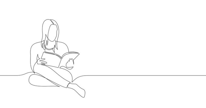 Animation of an image drawn with a continuous line. Girl sitting in bed with a magazine or book.