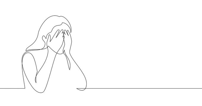 Animation of an image drawn with a continuous line. Woman covers her face with her palms. The girl is crying. Sorrow. Grief. Misfortune.
