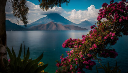 Fototapeta na wymiar Lake Atitlan, Bright beautiful colors, view, colorful, mount hood state, mt rainier at sunset