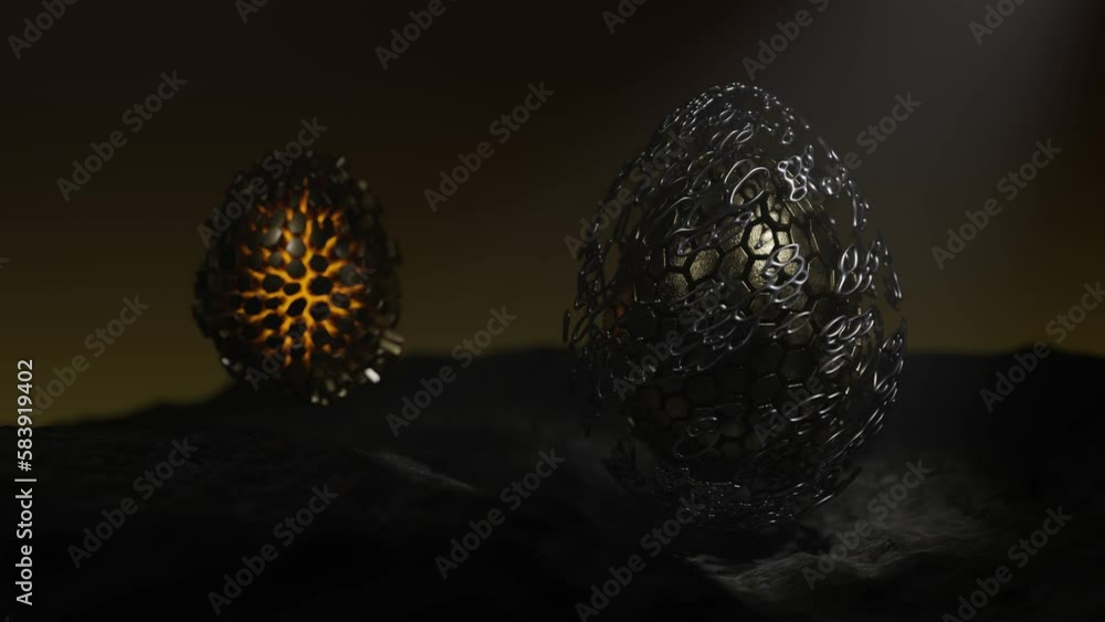 Poster loop 3d animation of a fantastic planet. a metal egg made of hexagons in a grid. the idea of life, t