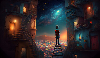 Fototapeta na wymiar a kid on top of a ladder looking at the magical town going to sleep, vivid, night, colorful lighting, realistic, Generative AI