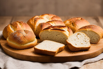 Generative AI of fresh breads on wooden board