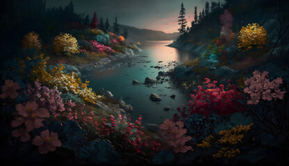 Fototapeta na wymiar photo of a stunning interpretation of salad land forest with river and colorful flowers, autumn nature, dark sunset, dynamic scene, cinematic, realistic, Generative AI