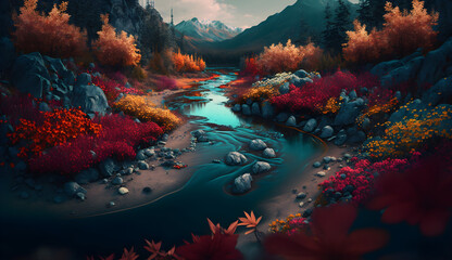 Obraz na płótnie Canvas photo of a stunning interpretation of salad land forest with river and colorful flowers, autumn nature, dark sunset, dynamic scene, cinematic, realistic, Generative AI