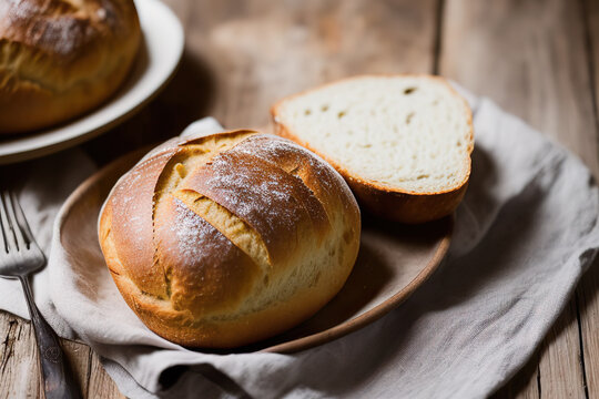 Generative AI of delicious fresh bread on wooden table