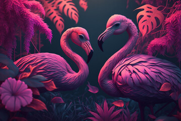 Pink flamingos, exotic birds, tropical palm leaves, jungle leaves.