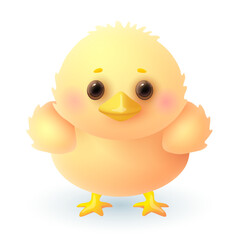 Funny little chick 3d illustration. Adorable baby chicken in cartoon style isolated on white background. Animal, nature, pet, farm concept