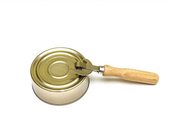 old tin can with a bottle opener on a white background.
