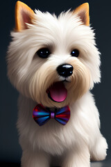 A Cute White Fluffy Dog With Big Eyes Wearing Red & Blue Bow created with generative AI technology
