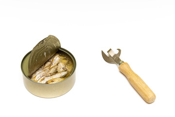 open tin can with fish isolated on white background