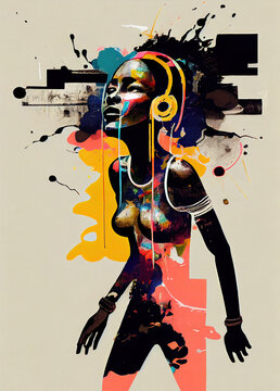 Creative Afrofuturist Illustration of Woman with Headphones. Generative AI