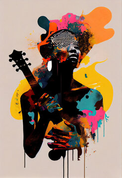 Creative Afrofuturist Afro Beat Musician Playing Guitar. Generative AI