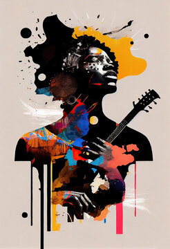 Creative Afrofuturist Afro Beat Musician Playing Guitar. Generative AI