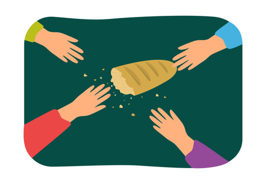 People sharing food vector illustration. Many hands reaching for crumbled bread on dark background. Food shortage, economic crisis, rising inflation, hunger and poverty concept