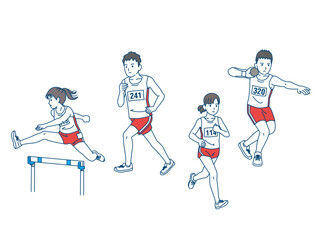 陸上部　様々な陸上競技をする生徒たちのイラスト