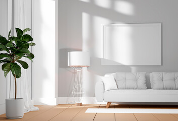  Scandinavian interior of living room with mockup frames, flowers in vase and elegant personal accessories. 3D render