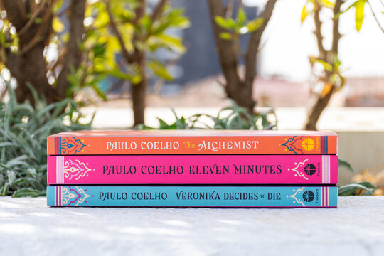 Close up Paulo Coelho's The Alchemist, Eleven Minutes, and Veronika Decides to Die novels in the garden. Stack of books.