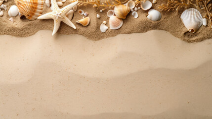 Fototapeta na wymiar top view starfish and shells on the sand Background ,Generative AI.