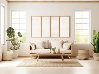 Fototapeta premium Mockup poster frame on the wall modern living room with sofa ,Generative AI.