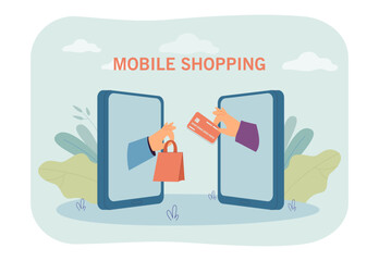 Delivering purchase through phone vector illustration. Two smartphones with bag and hand holding credit card. Online shopping, payment options, online delivery, e-commerce concept