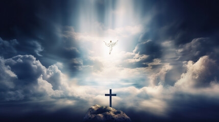 Cross Shape In Clouds - Risen - Jesus Ascends to Heaven Scene ,Generative AI. - obrazy, fototapety, plakaty