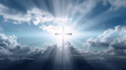 Fototapeta premium Cross Shape In Clouds - Risen - Jesus Ascends to Heaven Scene ,Generative AI.