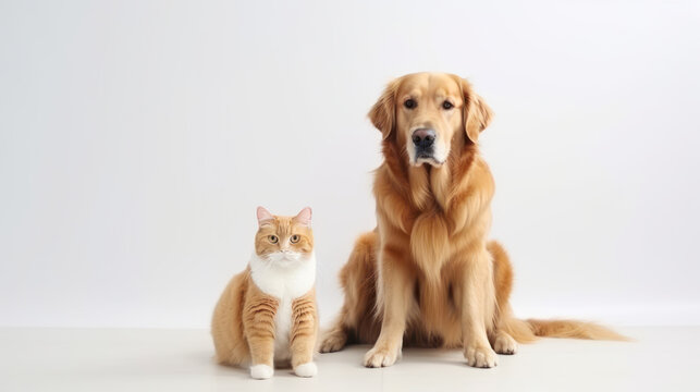 golden retriever and cat looking at camera, Generative Ai