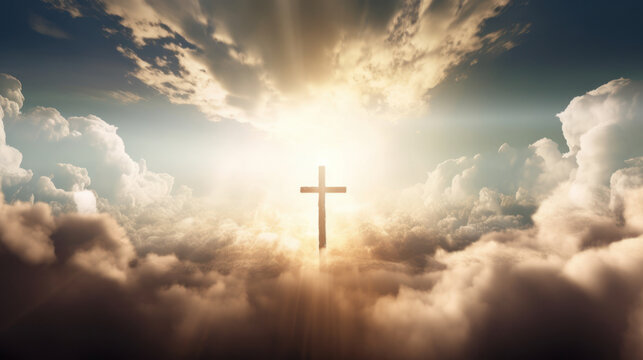 Cross Shape In Clouds - Risen - Jesus Ascends to Heaven Scene ,Generative AI.