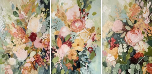 Fotobehang Set of three oil painting in boho style, garden flowers bouquet in pastel colors, semi abstract, generative AI © BubertArt