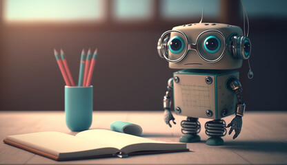 Little cute robot reading notebook at a desk, cartoon style, mini robot, android robot, near-future technology