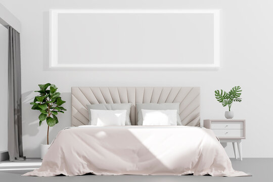 Bed in the bedroom in a Scandinavian minimalist style  with frame mockup  . 3D Render
