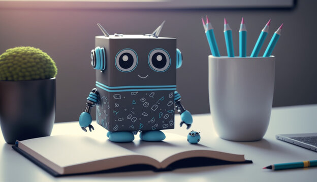 Little cute robot reading notebook at a desk, cartoon style, mini robot, android robot, near-future technology
